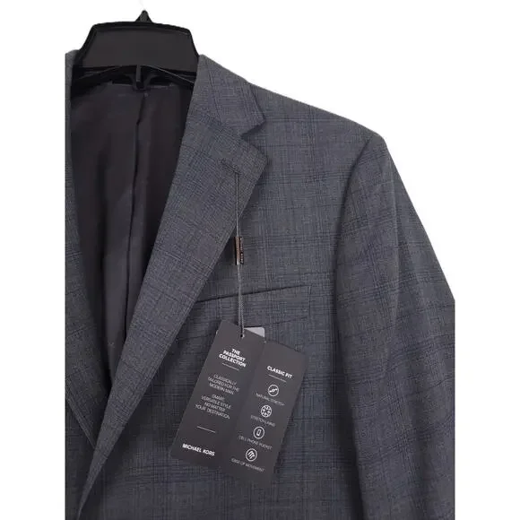 Michael Kors Mens Classic Fit 2 Piece Suit 36R 30x32 Grey Blue Plaid Wool NWT